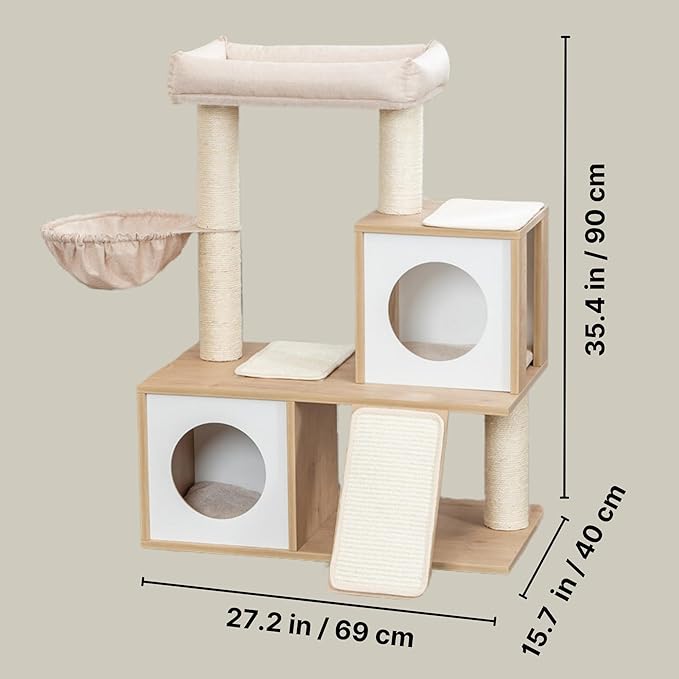 Trixie Addison Cat Tree – Indoor Cat Furniture with Sisal Scratching Posts, Condos, Hammock & Cozy Bed – Cat Tower for Scratching & Climbing – Beige, 15.7" x 27.2" x 35.4"