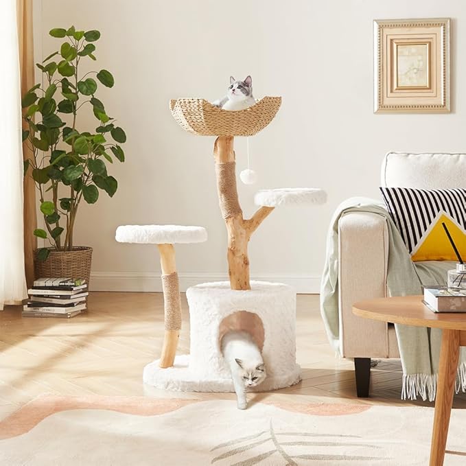 Unipaws Modern Cat Tree Tower for Small and Large Cats, Real Solid Wood Branch Luxury Cat Condo with Scratching Post and Cat Bed, Indoor Furniture for Cat Lover Gifts