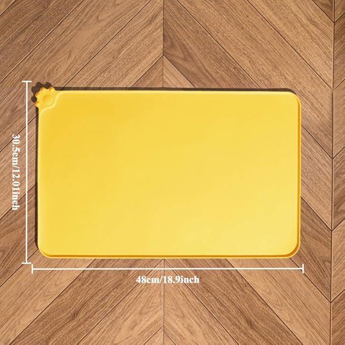 Cute Silicone Pet Feeding Mat for Dogs and Cats, Waterproof Non-Slip Food Tray with Raised Edges for Clean Floors All Season Use (Yellow)