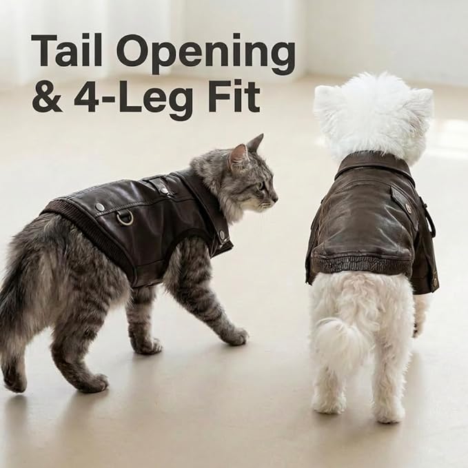 Cat Leather Jacket Motorcycle Style Pet Coat with Metal Buttons Shoulder Straps for Cats Small Dogs Warm Fall Winter Outfit (M)