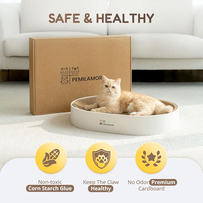 Extra Large Oval Cat Scratcher Lounge Bed - Heavy Duty Double-Sided Cardboard Scratching Pad, Modern White Cat Furniture & Sofa for Large Indoor Cats