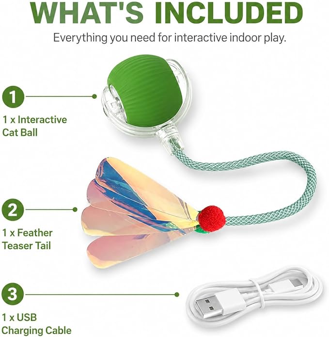 Interactive Cat Toy Ball with LED Lights – USB-C Rechargeable Automatic Cat Toy with Feather Tail for Indoor Cats & Kittens, Upgraded Version