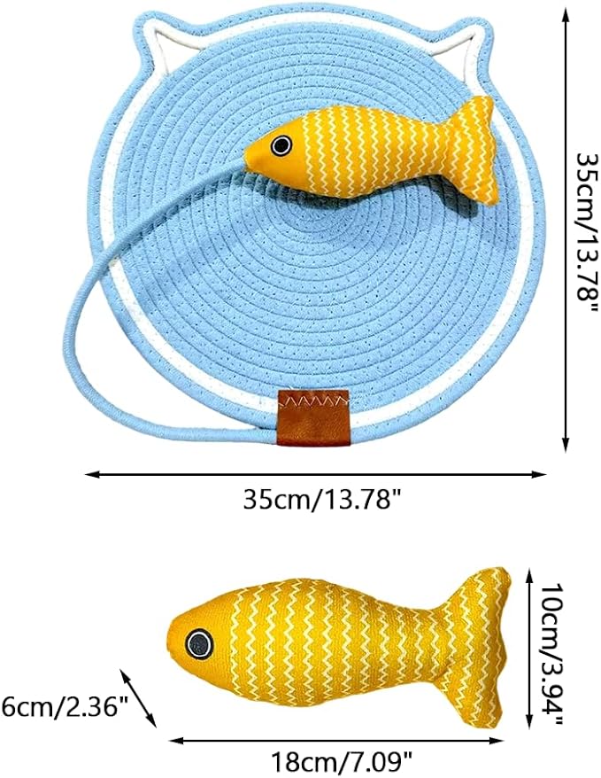 Cat Scratcher Mat Cotton Rope, Round Woven Scratch Pad with Fish Toy, Wear-Resistant Cat Bed Mat with Hanging Loop for Sleeping Scratching Furniture Protects