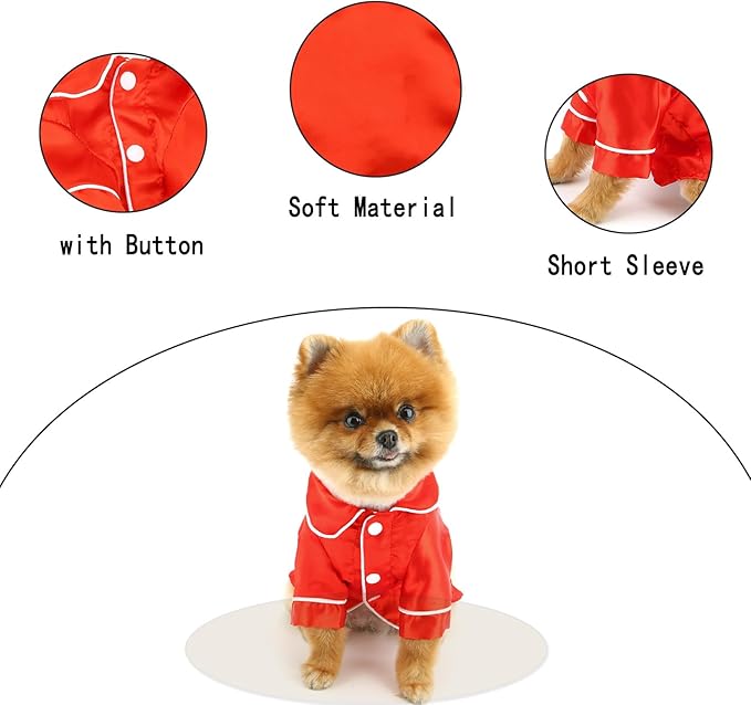 PAIDEFUL Soft Faux Silk Sleepwear for Small Dogs Cats Lapel Doggie Loungewear Lightweight Breathable Puppy Pajamas PJS Two-Legged Pet Shirt Clothes Summer Spring Chihuahua Apparel Button Up,Red,XS