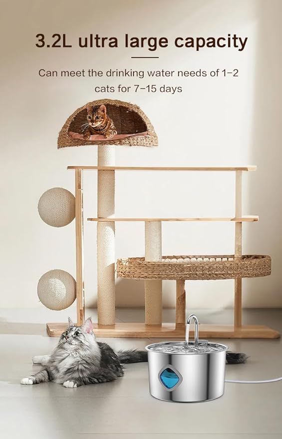 2026 New Dog Water Fountain (3.2L/108OZ), Quadruple Filtration, 304 Stainless Steel Cat/Dog Water Fountain, Super Quiet Smart Automatic Circulating Pet Feeder (8Filters)