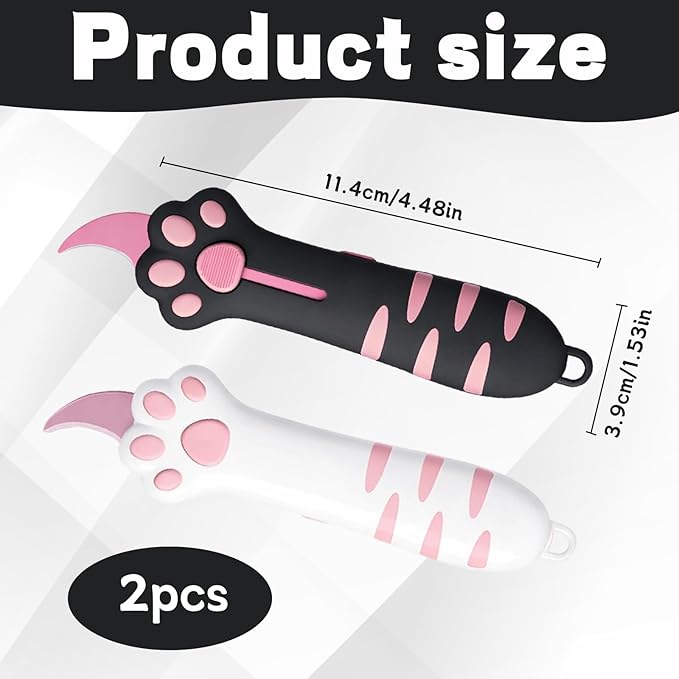 Pink and Black Two-Pack，Cat Paw Box Cutter, Retractable Cat Claw Box Cutter, Stainless Steel Blade for Package Opening
