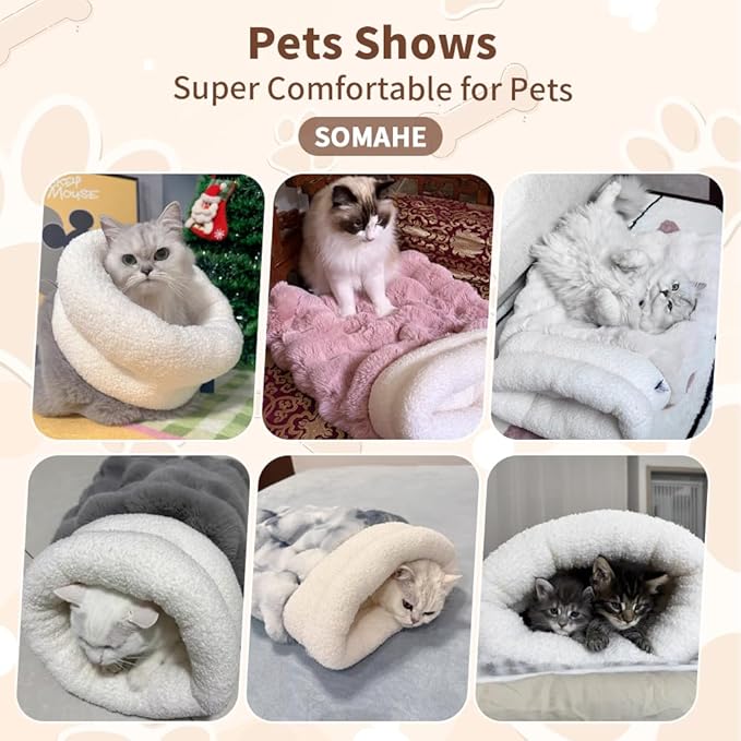 SOMAHE Cat Sleeping Bag for Indoor Cats, Faux Fur Pet Cave Bed & Burrow Nest, Reversible Plush Snuggle Sack, Portable Foldable Mat, Machine Washable, Anti-Static, 21.7"x17.7" Pink