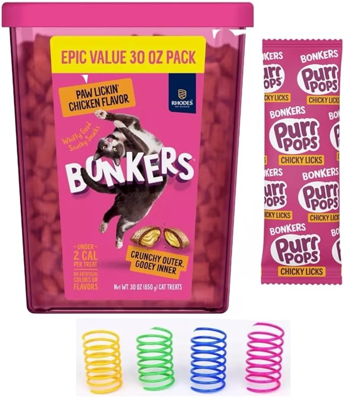 Bonkers Cat Treats Chicken Flavor Cat Bites, Crunchy & Soft Low Calorie, Training or Food Topper for All Breeds and Ages 30 oz Value Pack with Chickylicks Purrpop Sample, Plus 4 Cat Spring Toys