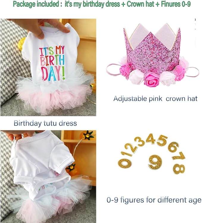 ANIAC Dog Birthday Dress and Hat Set Puppy Lace Tutu Pink Pet Crown Hat with 0-9 Figures Birthday Outfit for Cats Small Dog (White+Pink,Large)