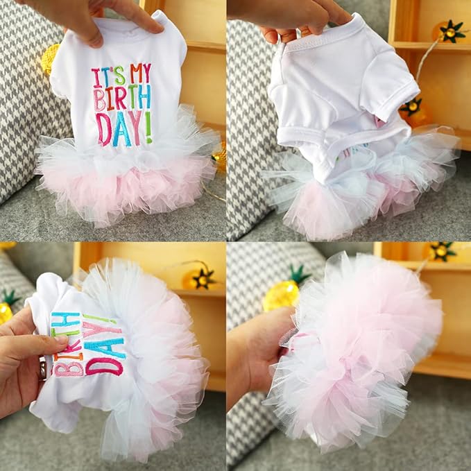 ANIAC Girl Dog Birthday Tutu Dresses Puppy Lace Skirt and Hairpin Cat Birthday Princess Dress Pet Clothes for Cats Small Dogs (Small, White)