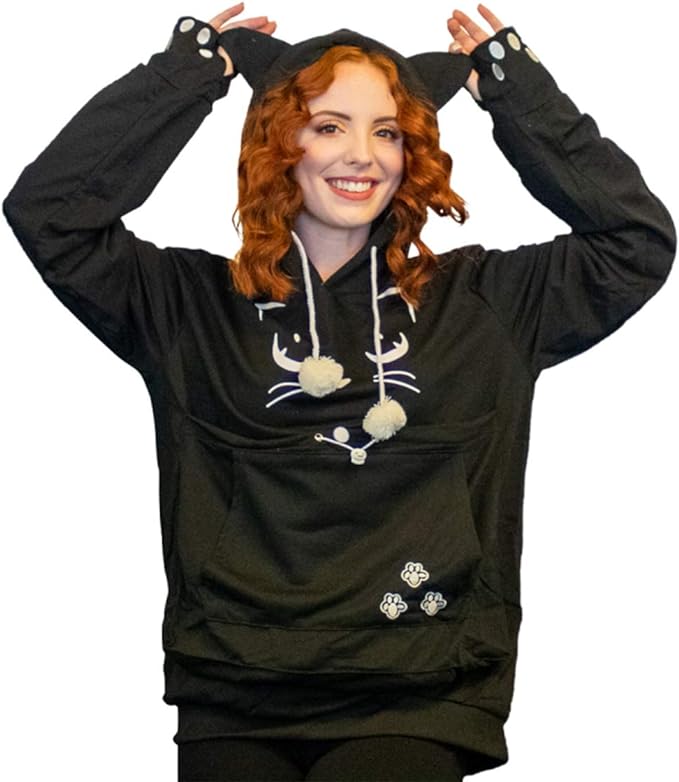 ALYC Unisex Hoodies Pet Holder Cat Dog Kangaroo Pouch Carries Pullover with Cat Printing Sweatshirt (Black, XXXL)