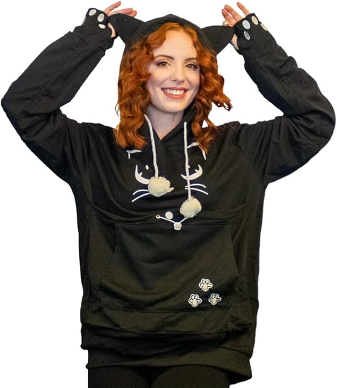 ALYC Unisex Hoodies Pet Holder Cat Dog Kangaroo Pouch Carries Pullover with Cat Printing Sweatshirt (Black, XL)