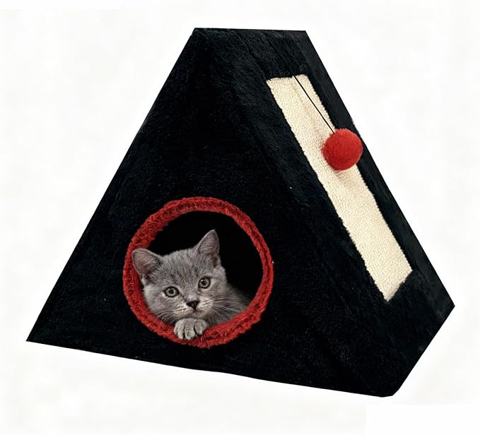 Cat Beds for Indoor - 2 in 1 Cat Cave House Tent for Kittens and Small Pets with Fluffy Ball Hanging and Scratch Pad,Foldable Kitten Hideaway with Non-Slip Bottom, Black, 17 inches