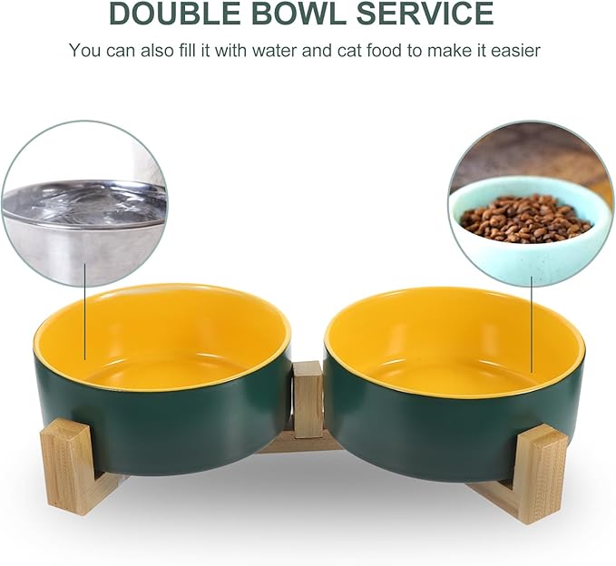 Beavorty Ceramic Elevated Cat Bowl with Dual Color Matte Finish, Green and Yellow Inner Bowls, Small Double Dish Set with Wooden Stand for Household Pet Feeding and Watering