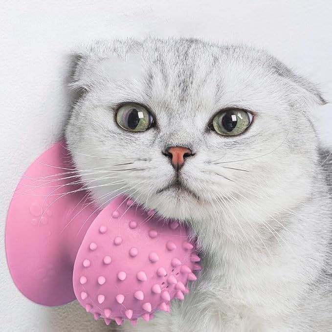 Cat Self Groomer with Suction Cups – Wall-Mounted Pet Massage Brush for Itching & Fur Shedding – Cat Scratch and Rub Toy for Indoor Cats – Easy to Install, 7x7x7.5cm (Pink)