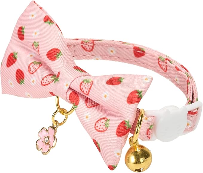 2 Pack Cat Collars, Removable Bowtie, Pink Heart Pattern, Safety Breakaway Clasp, Adjustable for Cats.(Adult Cat, Pink Strawberry and White Heart)