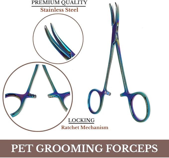 HTI DOG CAT PET HAIR PULLER REMOVER STAINLESS STEEL HEMOSTAT LOCKING FORCEPS 5" CURVED FULL SERRATED (Multicolor)