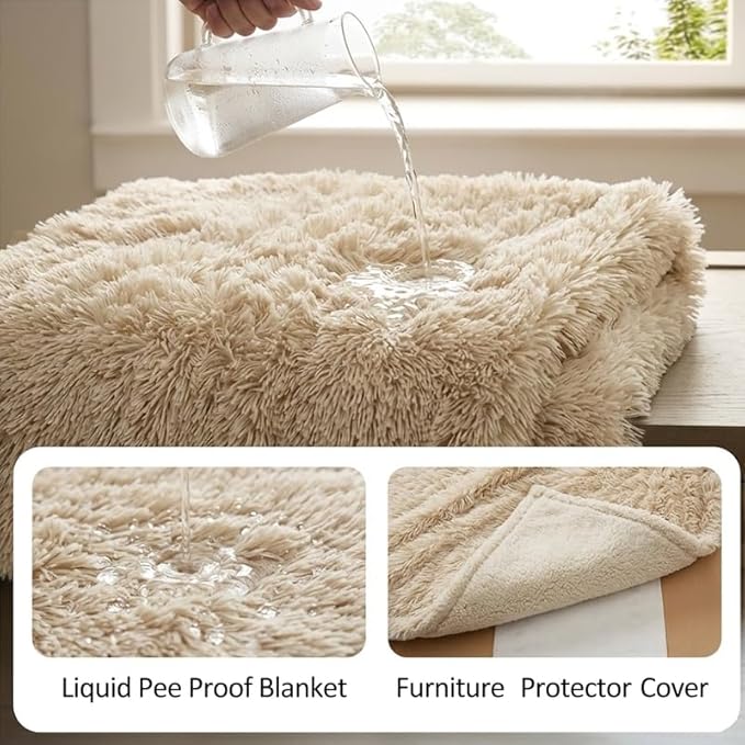 Fluffy Pets Blankets for Medium Dogs Cats Calming Blanket for Couch Covers Waterproof Long Faux Fur Cover on Bed Leakproof Sofa Protective Covers(Cream,M-57x40in)