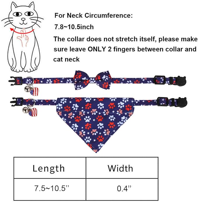 PTDECOR American Flag Cat Collar Breakaway with Cute Bow Tie Bell, 4th of July Bandana Collar, Patriotic Cat Bowtie Collars for Kittens (Blue)