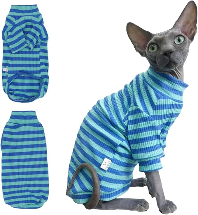 Striped Waffle Knit Shirt for Sphynx Cat, 2-Leg Long Sleeve Lightweight Outfit for Hairless Cats, Soft All-Season Pet Clothes (Blue, Medium (3.5-5lbs))