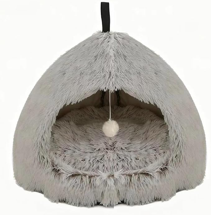 Hezotco Large Cat Cave Bed for Cats, Soft Fluff Indoor Dog Cave Bed& Cat Cave for Small Dogs. Pet Cave for Puppy with Cat Teasing Ball 22.8"*18.5"*22.8"(Coffee+White)
