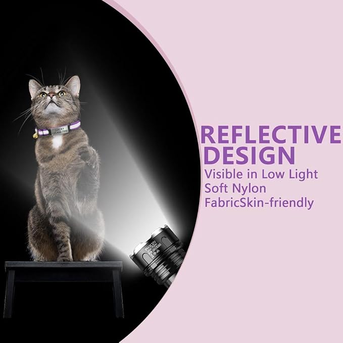 Personalized Reflective Cat Collars with Name Tag, Engraved Custom with Name and Phone, Nylon Breakaway Adjustable Identification Collar for Small, Medium, Kitty Cats