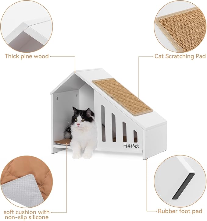 A4PET Cat House Wooden Cat Condo Cat Beds for Indoor Cats with Scrather Cushion with Non-Slip Silicone, Cat Furniture Pet House for Cats Small Dogs