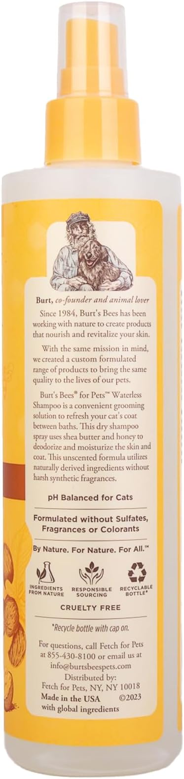 BURT'S BEES FOR PETS Waterless Cat Shampoo Spray, No-Rinse Cat Dry Shampoo with Shea Butter & Honey for Gentle Cleaning Between Baths, pH Balanced, No Harsh Detergents, 10 Fl Oz - 2 Pack
