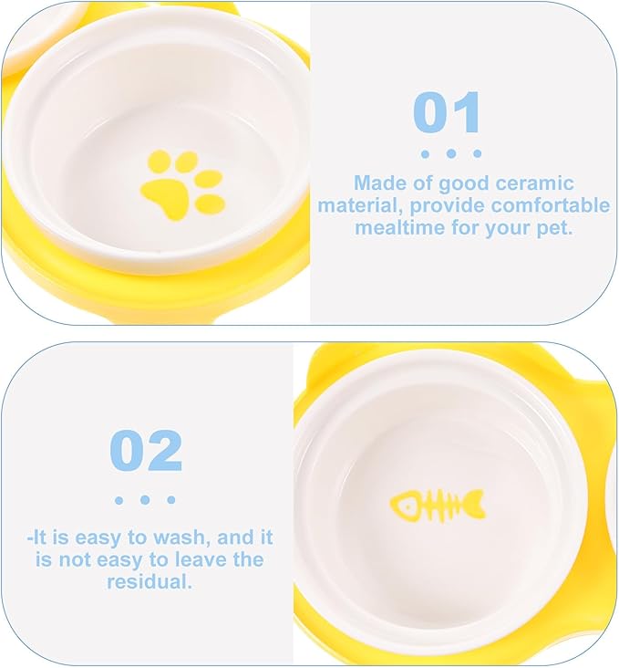 Ceramic Cat Bowl Raised Double Bowls Yellow Thickened Slant Design and Sturdy Stand for Convenient Indoor Feeding and Watering of Cats and Kittens
