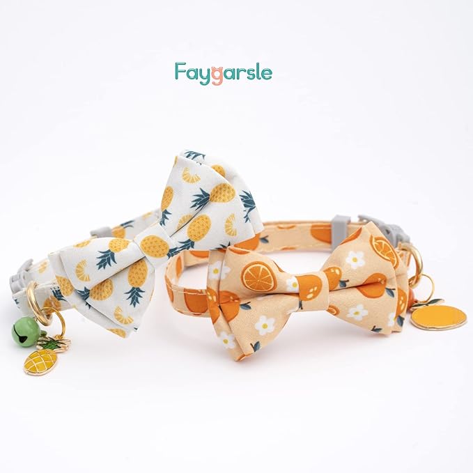 Faygarsle 2 Pack Cute Cats Collars with Bell Breakaway Bowtie Cat Collar for Male Female Cats Soft Fancy Orange Yellow Cat Collars Pineapple Orange Pattern Summer Cat Collar for Boy Girl Cats