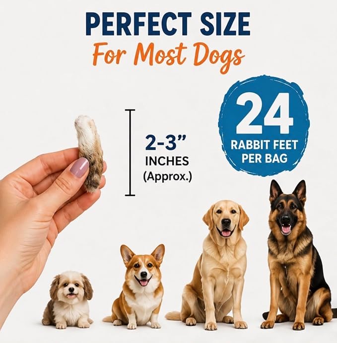 Rabbit Front Feet for Dogs – Natural Fur-On Rabbit Dog Treats, Gently Air Dried Single Ingredient Chews, High Protein Raw Feeding Snack for Small & Medium Dogs – 24 Count