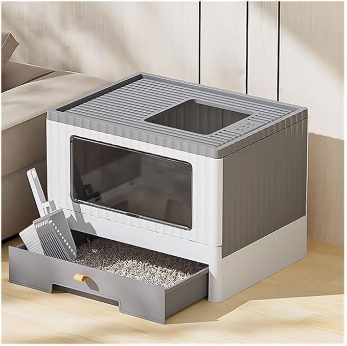 Pet Supplies, Foldable Cat Litter Box with Lid & Scoop,Top Entry Anti-Splashing Enclosed Toilet(Gray)