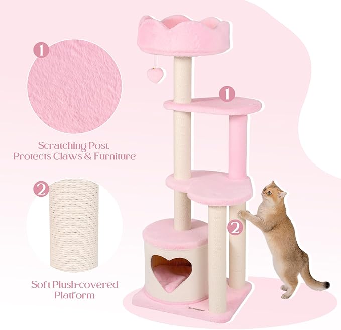 Happy & Polly Cat Tree for Cats, 52.8 Inches, All Breed Sizes, Climbing, Indoor, Wood and Sisal, Floor Mount, Modern