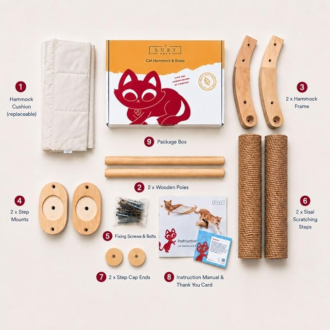 7 Ruby Road Alto Cat Wall Hammock Set — Wall Mounted Cat Shelves & Furniture with Climbing Steps for Large Cats, Holds 35 lbs, Indoor Climbing & Lounging, Replaceable Cushion