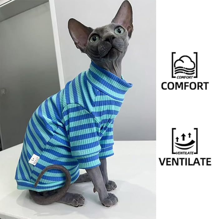 Striped Waffle Knit Shirt for Sphynx Cat, 2-Leg Long Sleeve Lightweight Outfit for Hairless Cats, Soft All-Season Pet Clothes (Blue, Medium (3.5-5lbs))