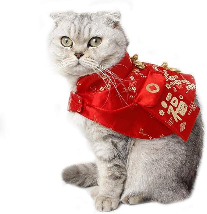 Cat Clothes,New Year's Cloak Dog Clothes Red Pet Cheongsam Cloak Clothes for Cats Small Dogs Puppy(Red,S)
