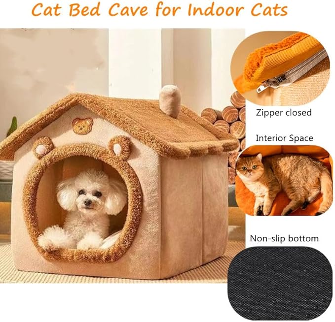 Cat Beds for Indoor Cats, Cute Bear Shape Cat Bed Cave, Pet House Cats Tent with Removable Cushion Pillow for Kittens Puppy Small Dogs (Brown, L-20.4 * 16.9 * 19.6in)
