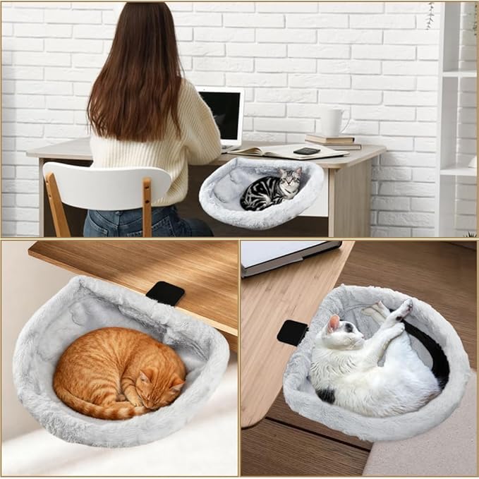 Cat Desk Bed, Ca-t Bed for De-sk, Modern Cat Desk Hammock for Various Desktops, Dual Clamps & Sunken Hammock Design, Holds Up to 40lbs(Color:Light Gray)