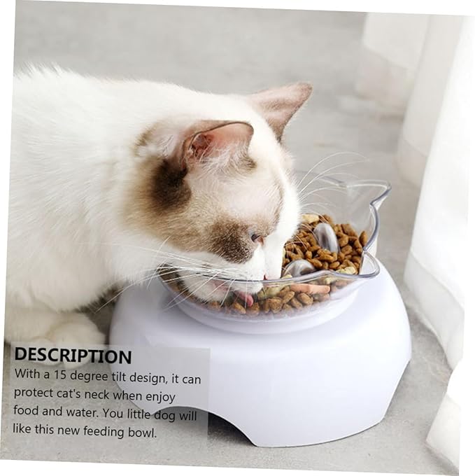 Tilted Cat Food Bowl 15° Raised Plastic Feeder with Neck Protection White Elevated Pet Feeding and Watering Dish for Cats