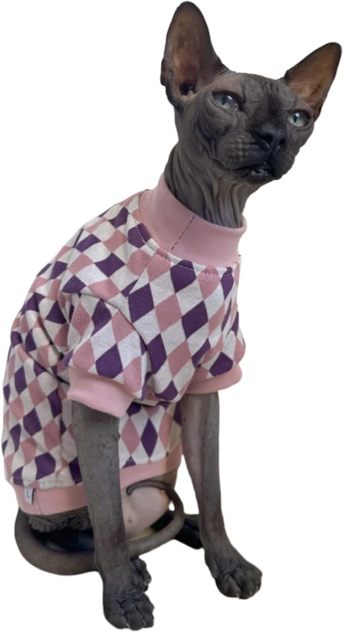 Vintage Mulan Cotton Sphynx Hairless Cats Shirt Cat Turtleneck Pet Clothes Kitten T-Shirts with Sleeves for Sphynx Cornish Rex, Devon Rex, Peterbald (Rhombus Pink, X-Large)