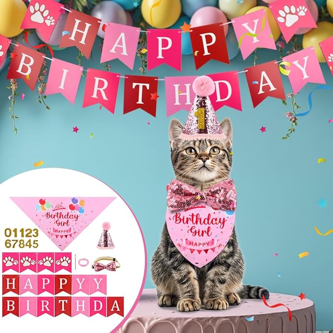 Cat Birthday Party Supplies, Adjustable Cat Birthday Hat with Numbers, Bandana, Bow Tie, Banner for Cat Kittens Decorations, Fun Pet Celebration Kit(Color:Pink)