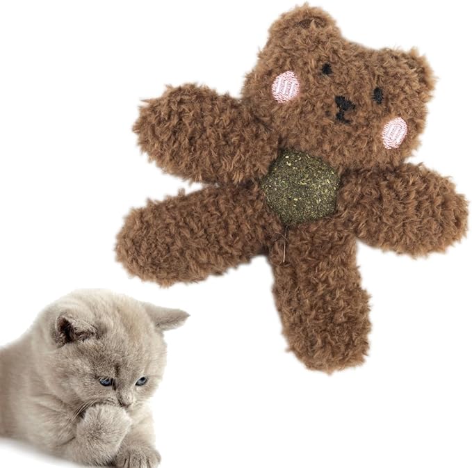 Plush Catnip Toys for Indoor Cats, Interactive Kitten Chew Toys for Teething & Dental Care, Durable Nylon Animal Shape Kicker Toy with Natural Catnip Ball for Boredom Relief (Bear)