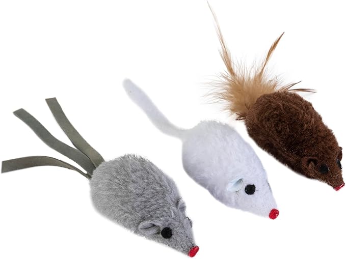 Pet Zone Three Carded Mice Cat Toy Pack of 3 | Multi-Textured Feathered Mouse Toys for Cats | Interactive Hunting Toys for Batting, Chasing & Exercise