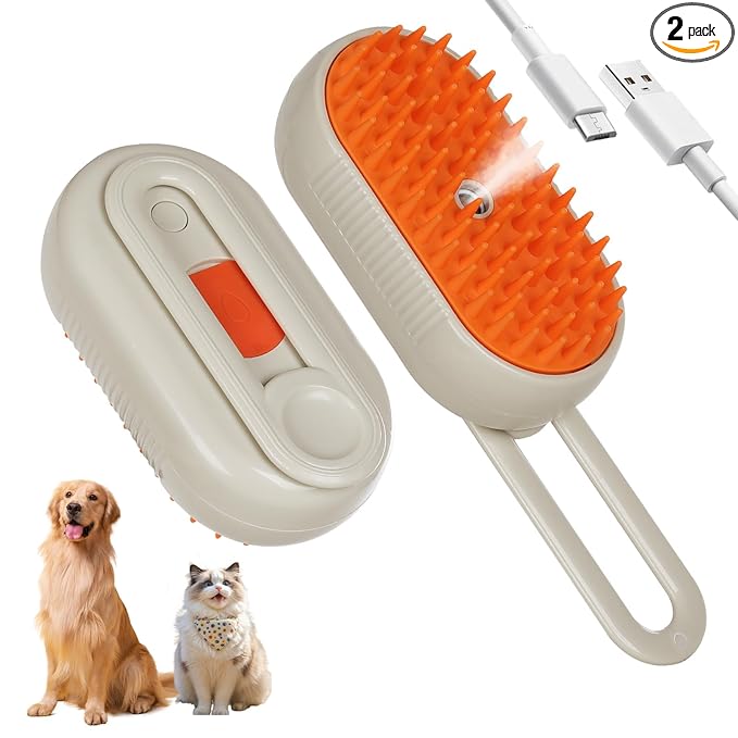LINFOX 2-Pack Cat Steam Brush, 4-in-1 Pet Grooming Tool for Cats & Dogs, Rechargeable Spray Comb for Shedding, Cleaning & Massage