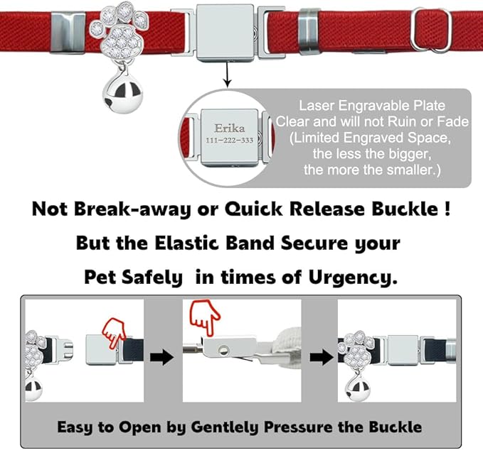 Personalized Safety Elastic Cat Collars with Bell,Laser Customized Stretch Kitten Collars for Girls Boys Cats-Red