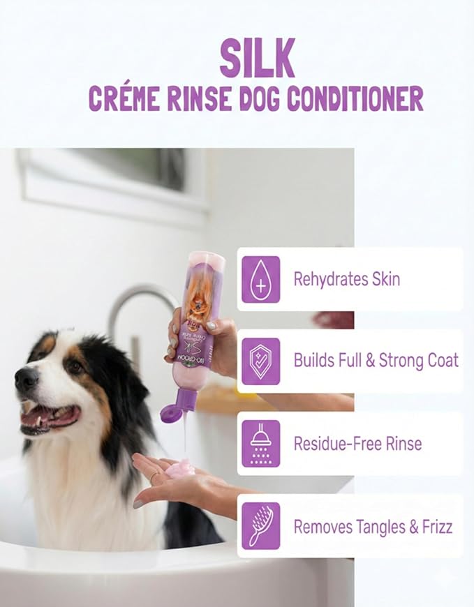 Bio-Groom Dog Shampoo and Conditioner Set - Tearless Shampoo for Dogs, Puppies & Cats, Moisturizing Conditioner for Dry Skin - Silk Conditioning Creme Rinse & Tear Free Shampoo, 12 Fl Oz Each (1 Set)