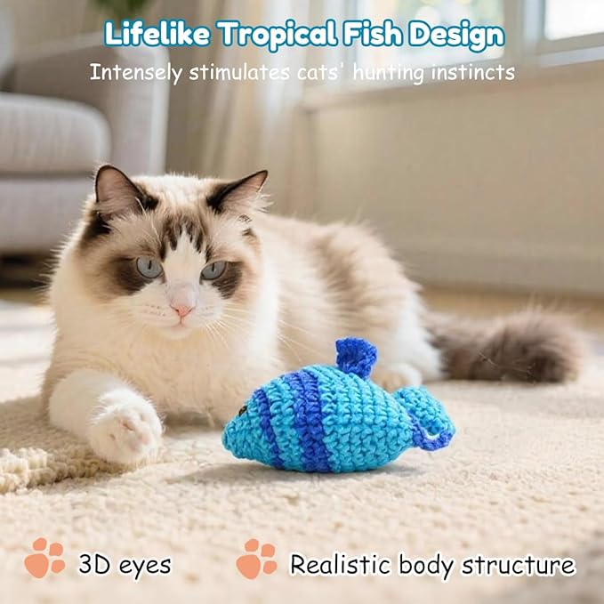Catnip Fish Toy - Hand-Crocheted with Real Catnip & Bell, Interactive Kicker Toy for Cats Kitten, Soft & Safe for Biting