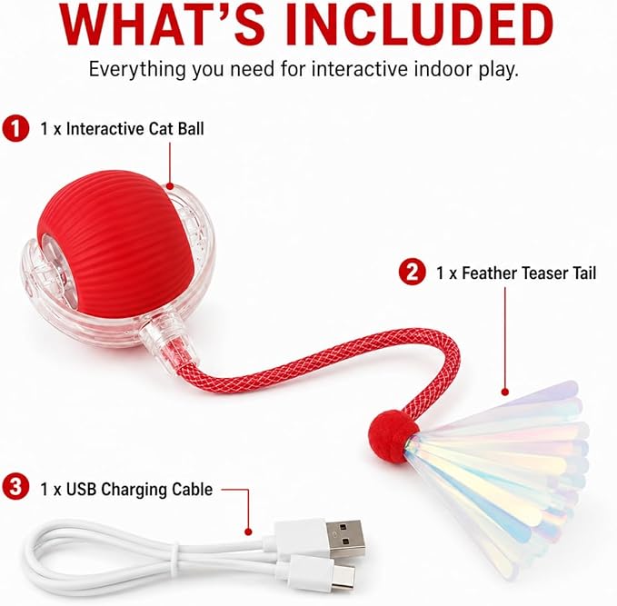 Interactive Cat Toy Ball with LED Lights, USB-C Rechargeable Automatic Cat Toy with Feather Tail, Smart Exercise Toy for Indoor Cats & Kittens, Upgraded Version