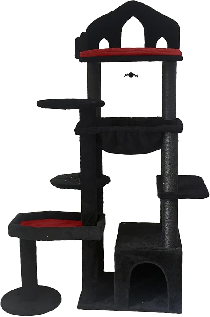 Gothic Cat Tree Tower with Coffin Bed, Multi-Level Spooky Cat Furniture for Indoor Cats, Black Cat Tree with Scratching Posts, Hammock & Cat Cave for Multiple Cats (58in-A)