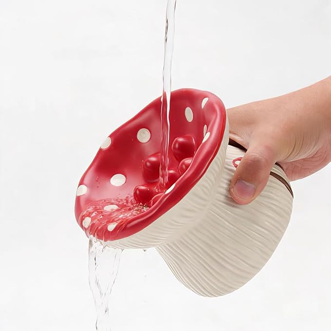 Cat Slow Feeders Set, Raised Ceramic Cat Bowl, Tilted Design, no Black Chin, Gut & Neck-Friendly,Pet Food and Water Bowls (Cute Mushroom Shape)